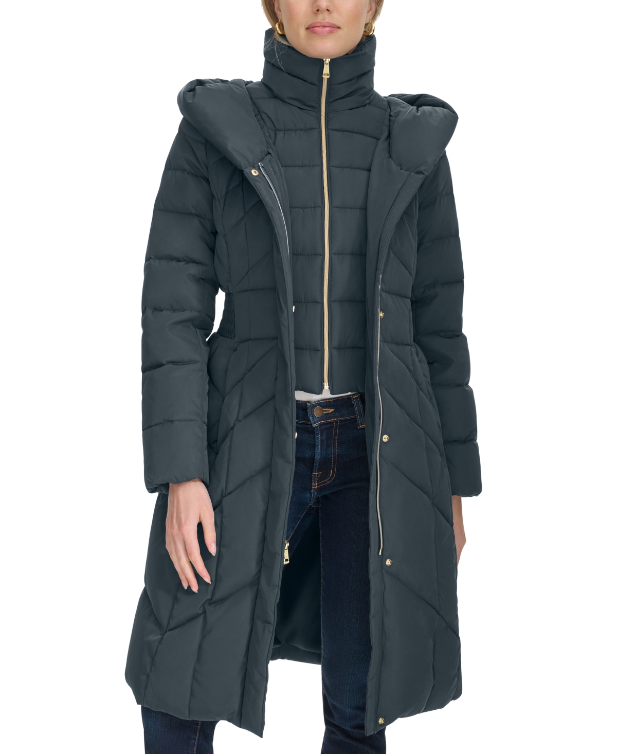 Cole Haan Signature 40in Taffeta Down Coat With Hood In Graphite