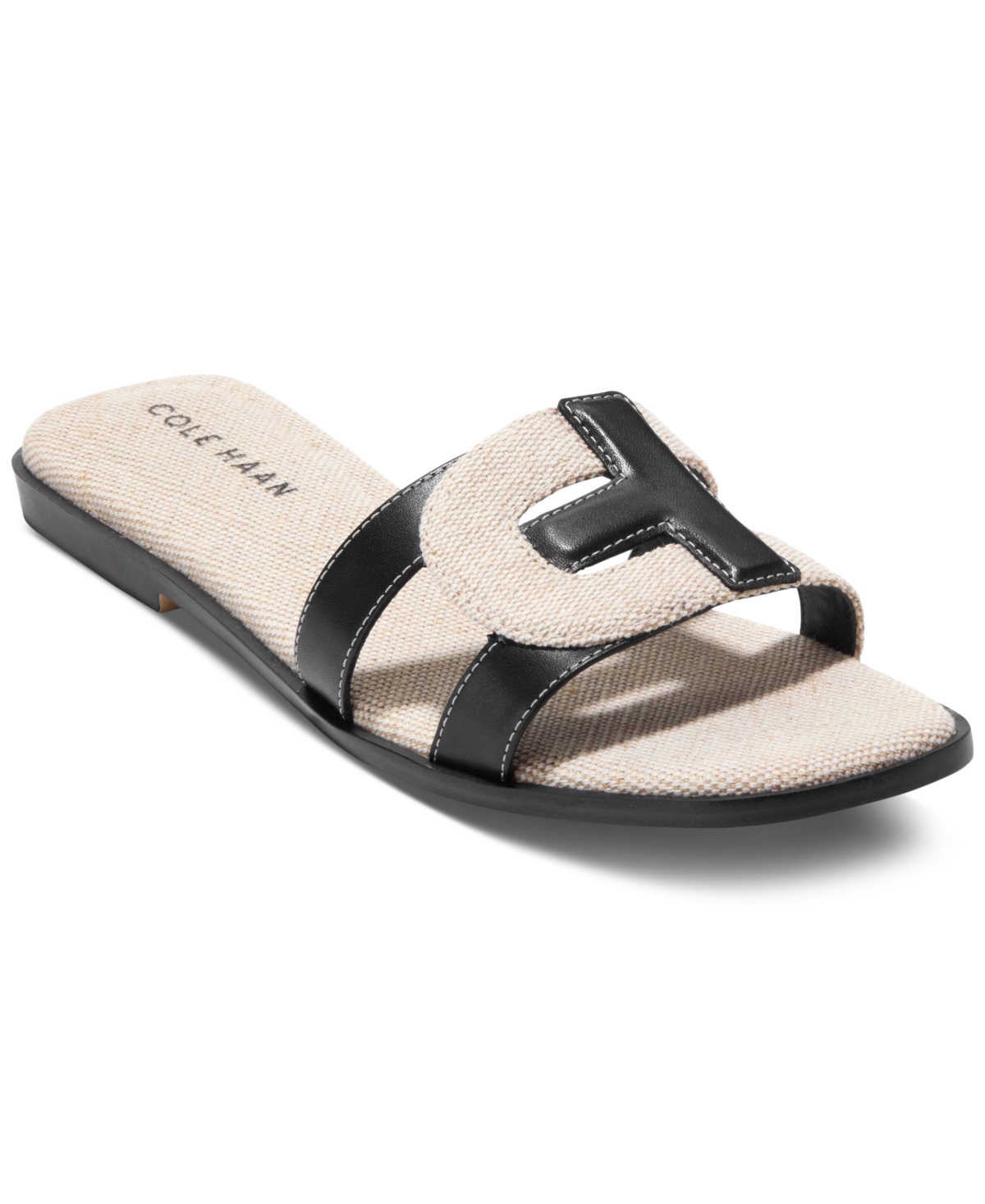 Shop Cole Haan Women's Chrisee Flat Sandals In Black Leather,natural Canvas