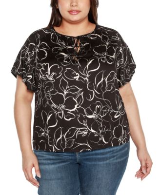 Black Label Plus Size Embellished Tie Neck Flutter Sleeve Top