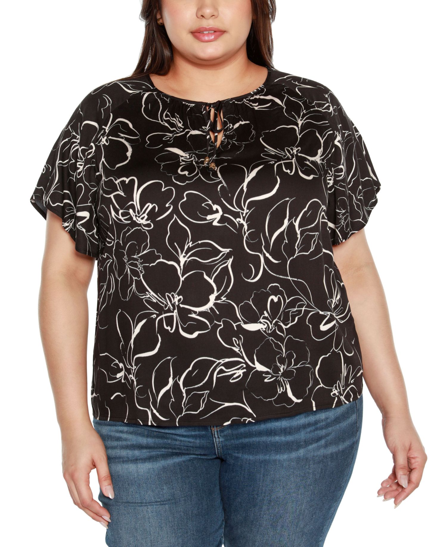 Black Label Plus Size Embellished Tie Neck Flutter Sleeve Top