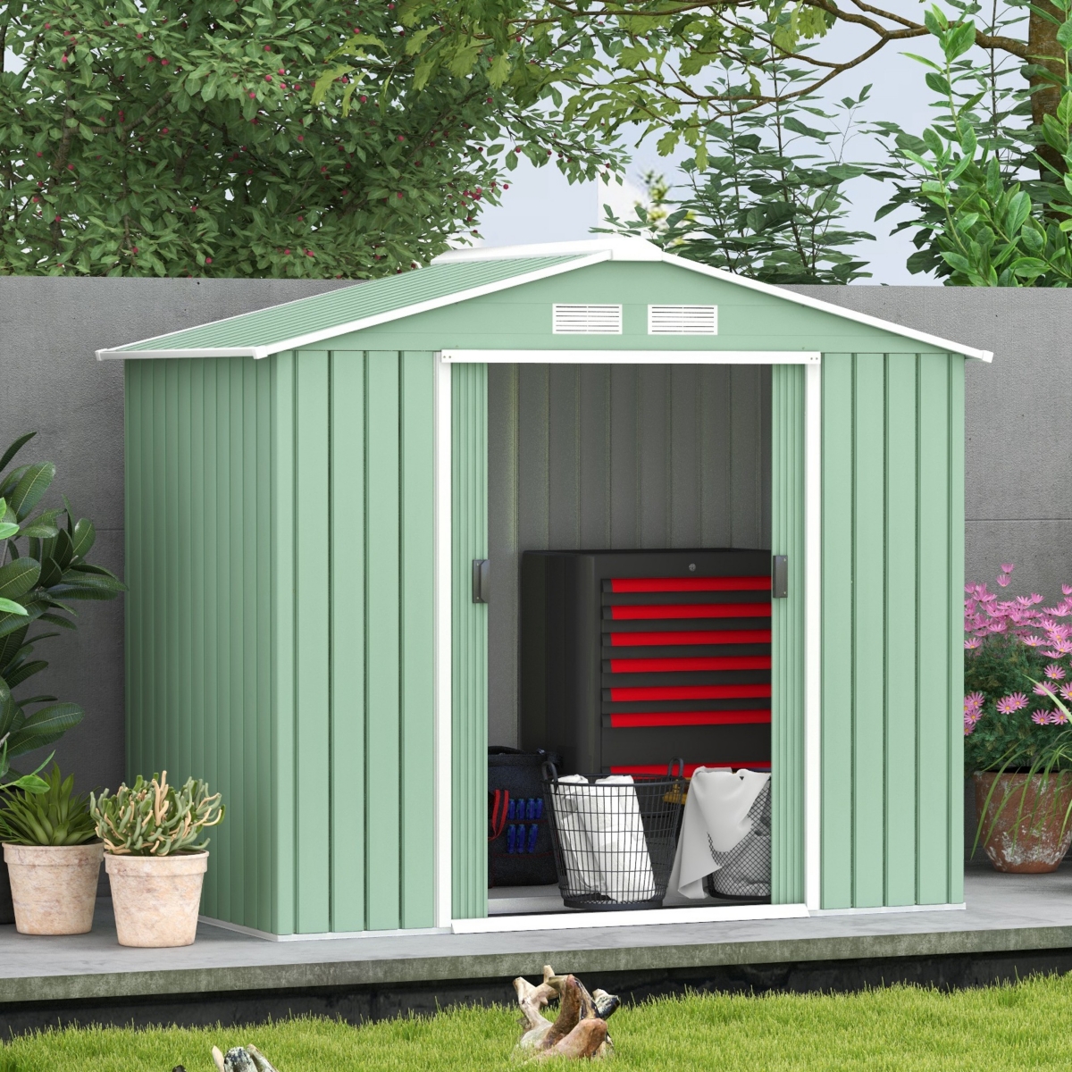 Outsunny 7' x 4' Outdoor Galvanized Metal Garden Storage Shed, Light