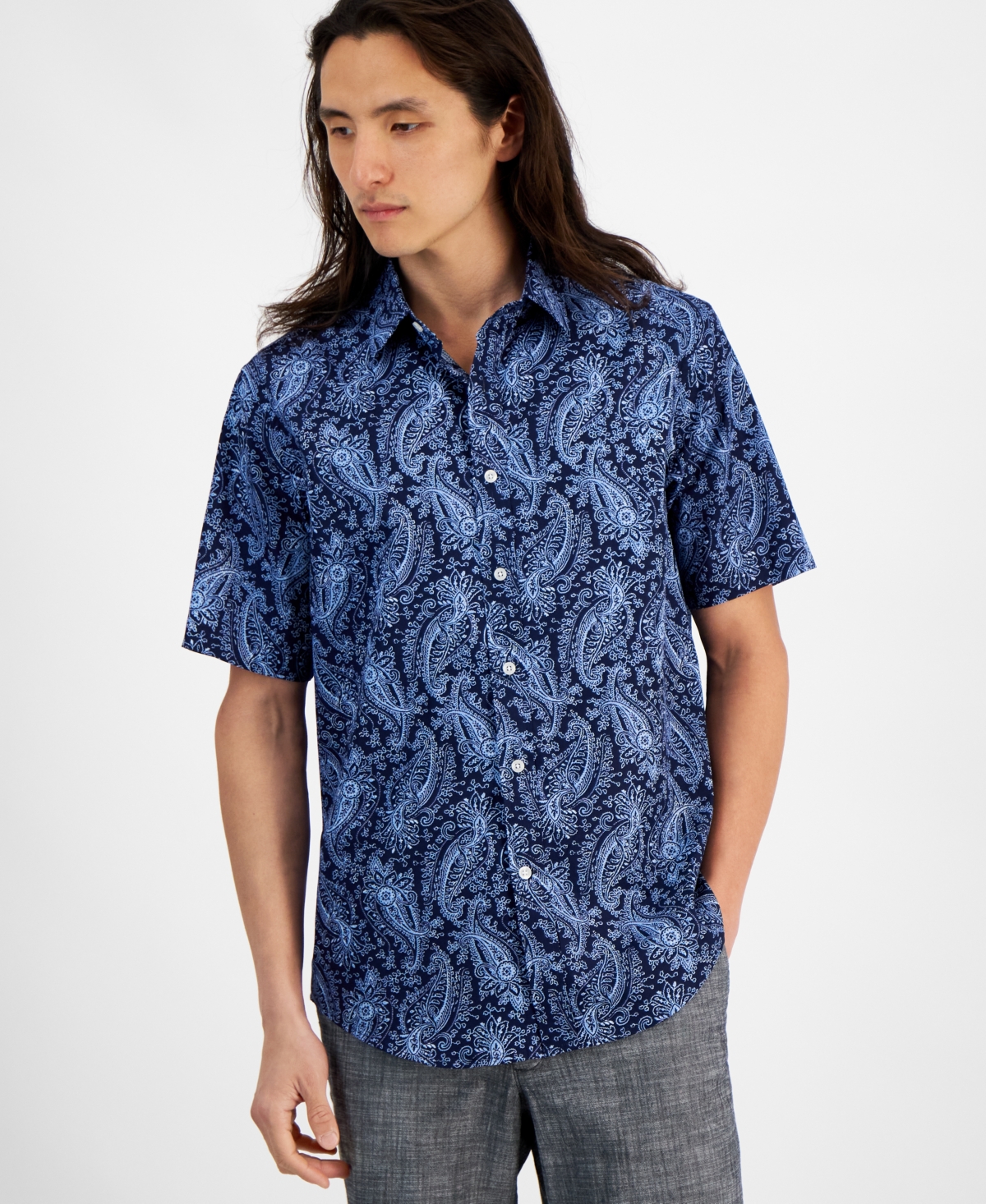 Men's Linekel Paisley Refined Woven Shirt, Created for Macy's - Navy Blue