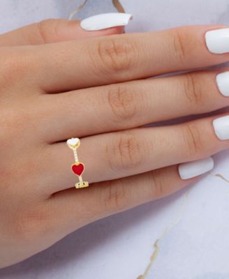 Cubic Zirconia & Red & White Enamel Polished Heart Ring in 14k Gold-Plated Sterling Silver