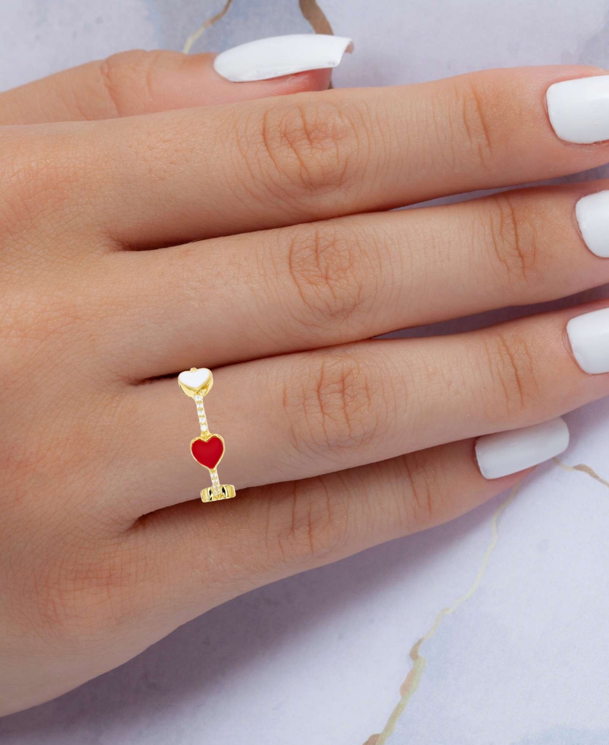 MACY'S CUBIC ZIRCONIA & RED & WHITE ENAMEL POLISHED HEART RING IN 14K GOLD-PLATED STERLING SILVER 