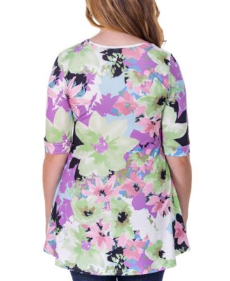 Print Elbow Sleeve V Neck Henley Tunic Top