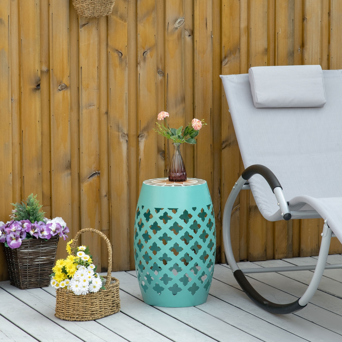 Outsunny Patio Round Stool Outdoor Footstool Mosaic Side Table Plant Stand,- Blue