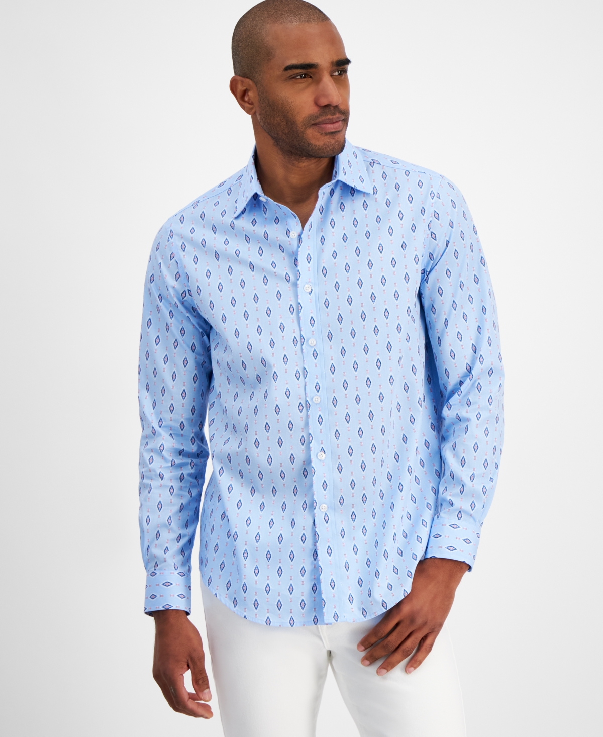 Men's Urik Regular-Fit Stretch Geo Foulard Button-Down Shirt, Created for Macy's - Pale Ink Blue