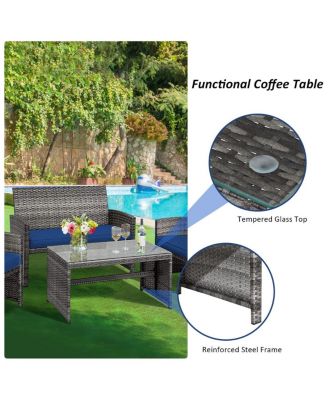 4 Pieces Patio Rattan Furniture Set with Glass Table and Loveseat