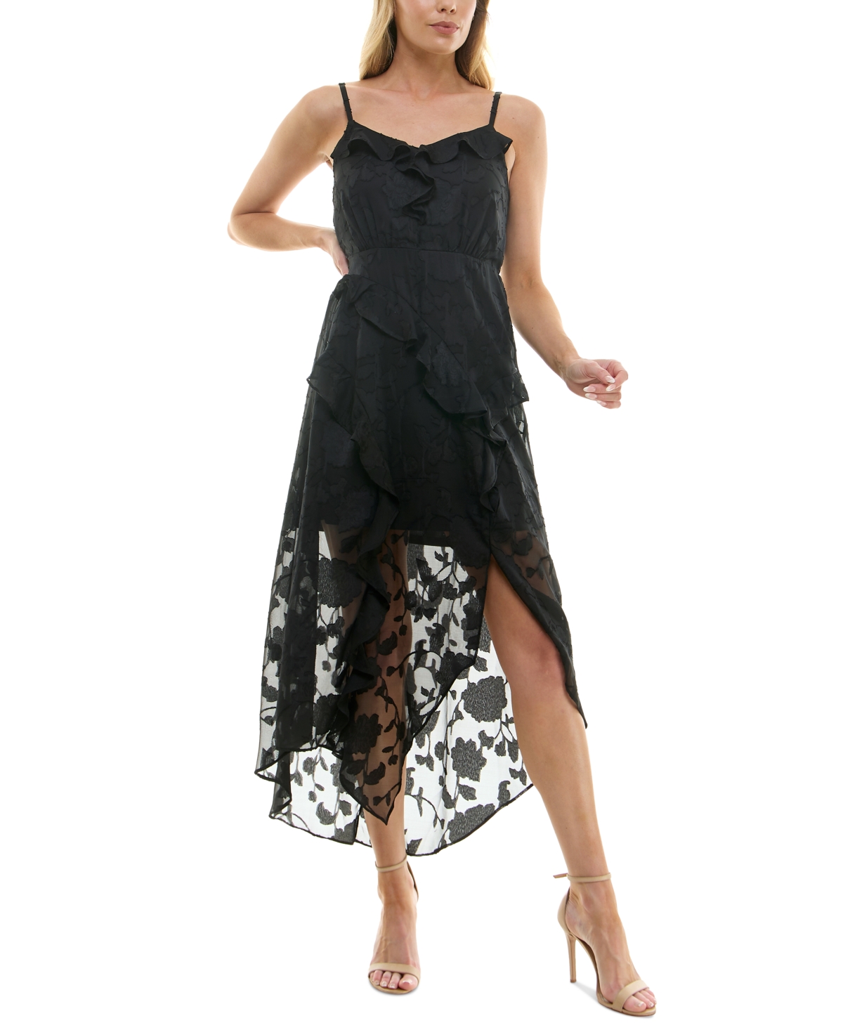 Juniors' Solid Floral Jacquard Long Fit & Flare Dress - Black