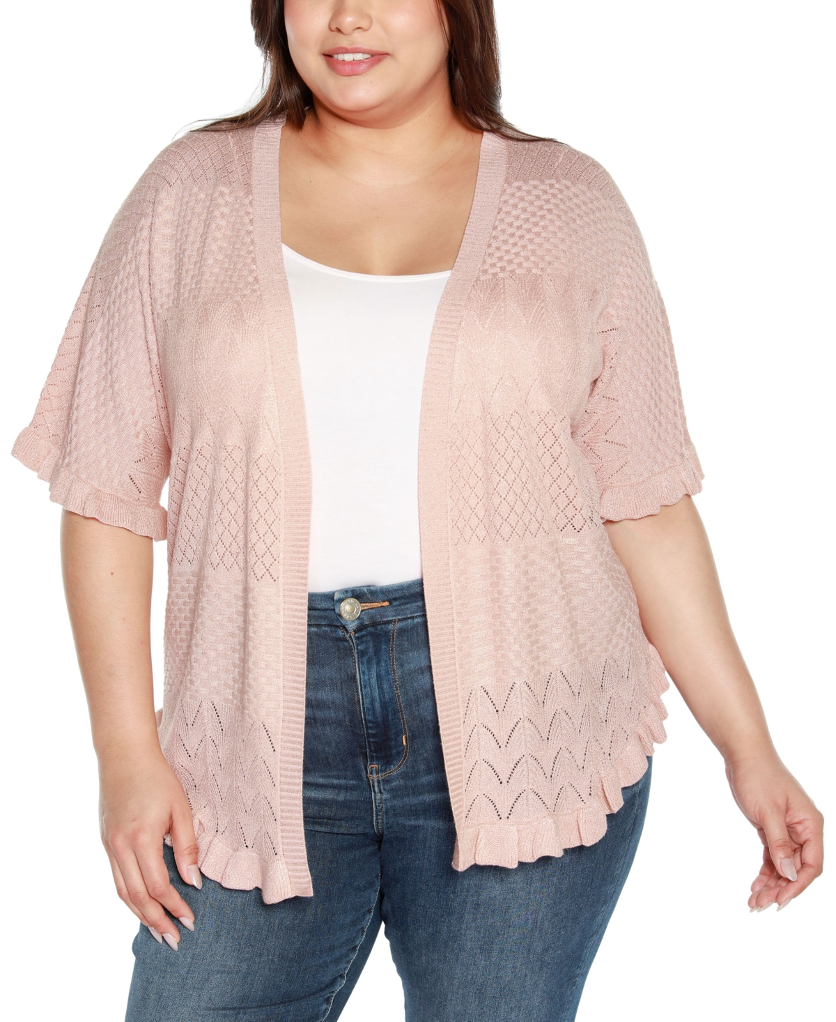 Belldini Black Label Plus Size Ruffled Shirttail Hem Cardigan Sweater In Pink Shell
