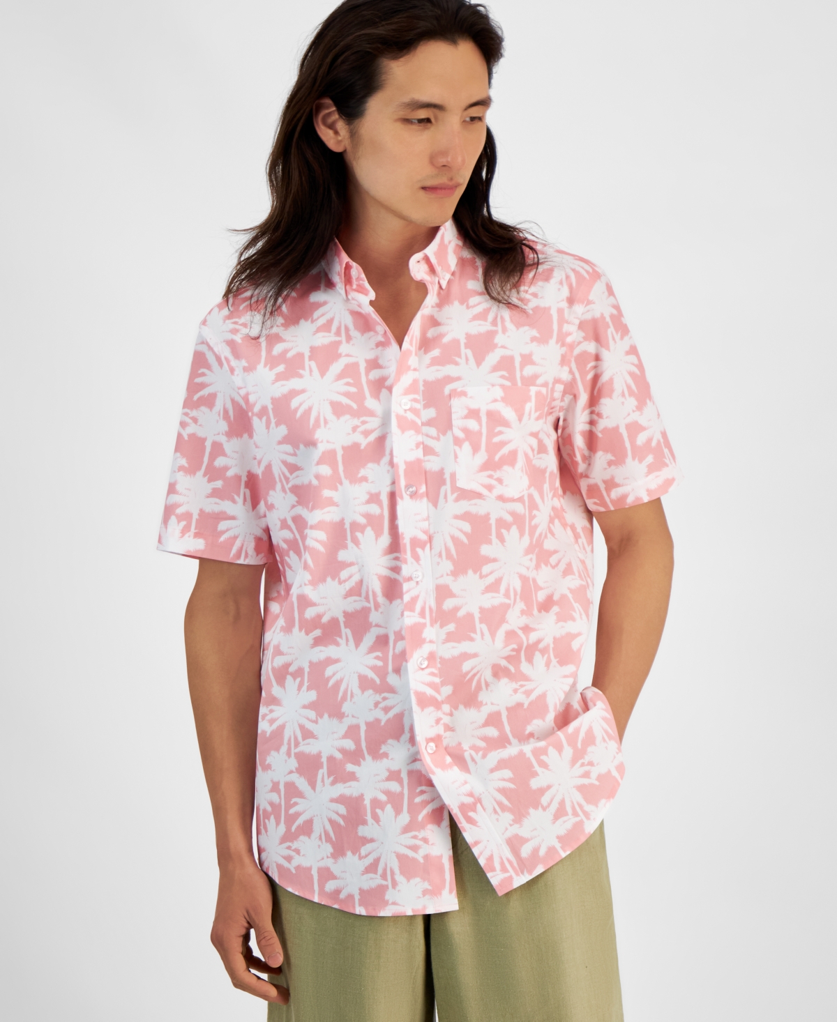 Men's Palm Breeze Regular-Fit Stretch Printed Button-Down Poplin Shirt, Created for Macy's - Pink Streak