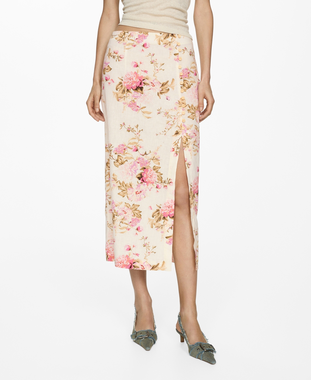 Shop Mango Women's Slit Detail Linen Skirt In Light Beige