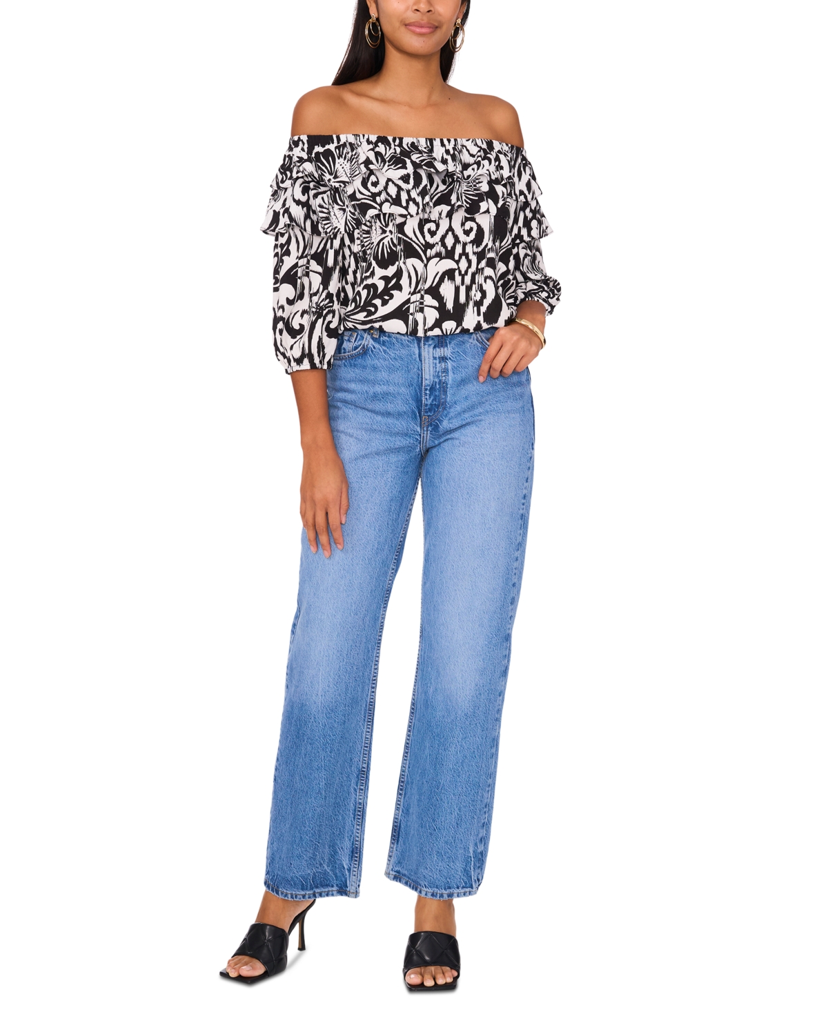 Sam & Jess Women's Printed Tiered-Ruffle Off-The-Shoulder Top - Black  White
