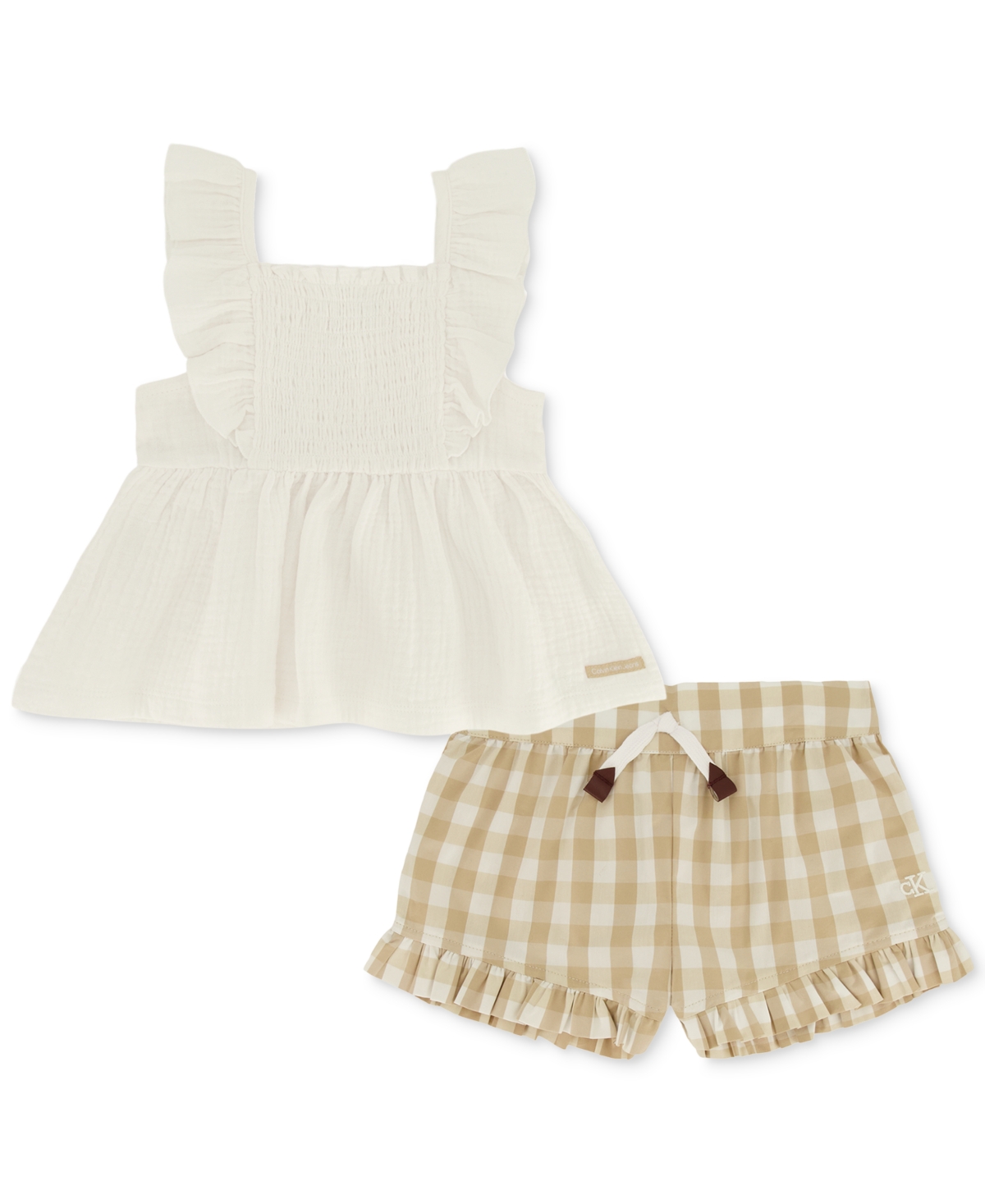 Shop Calvin Klein Baby Girls Smocked Muslin Top & Gingham Ruffled Shorts, 2 Piece Set In Assorted