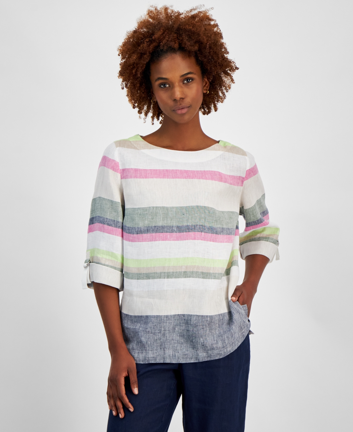Women's 100% Linen Striped Top, Created for Macy's - Cool Olive