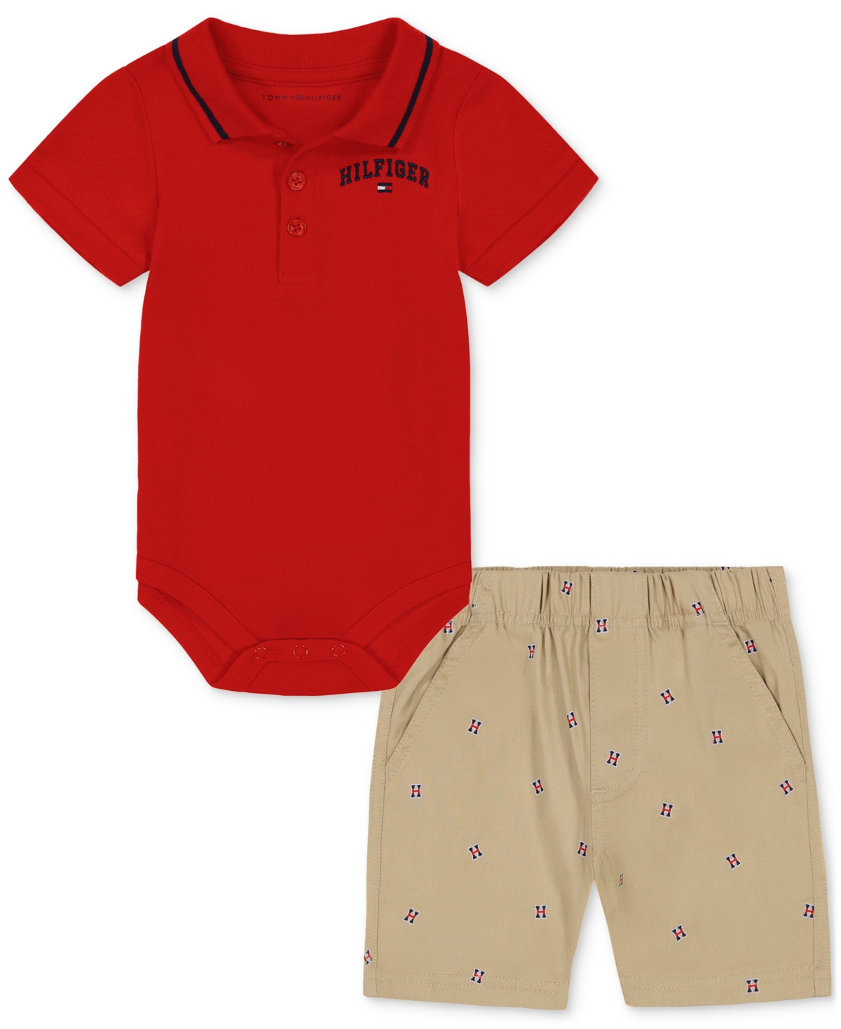 Shop Tommy Hilfiger Baby Boys Tipped Polo Bodysuit & Printed Twill Shorts, 2 Piece Set In Assorted
