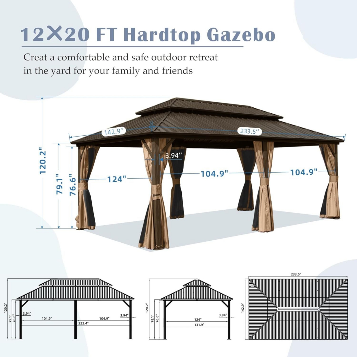 Streamdale Furniture 12' X 20' Hardtop Gazebo, Aluminum Metal Gazebo Withnized Steel Double Roof Canopy