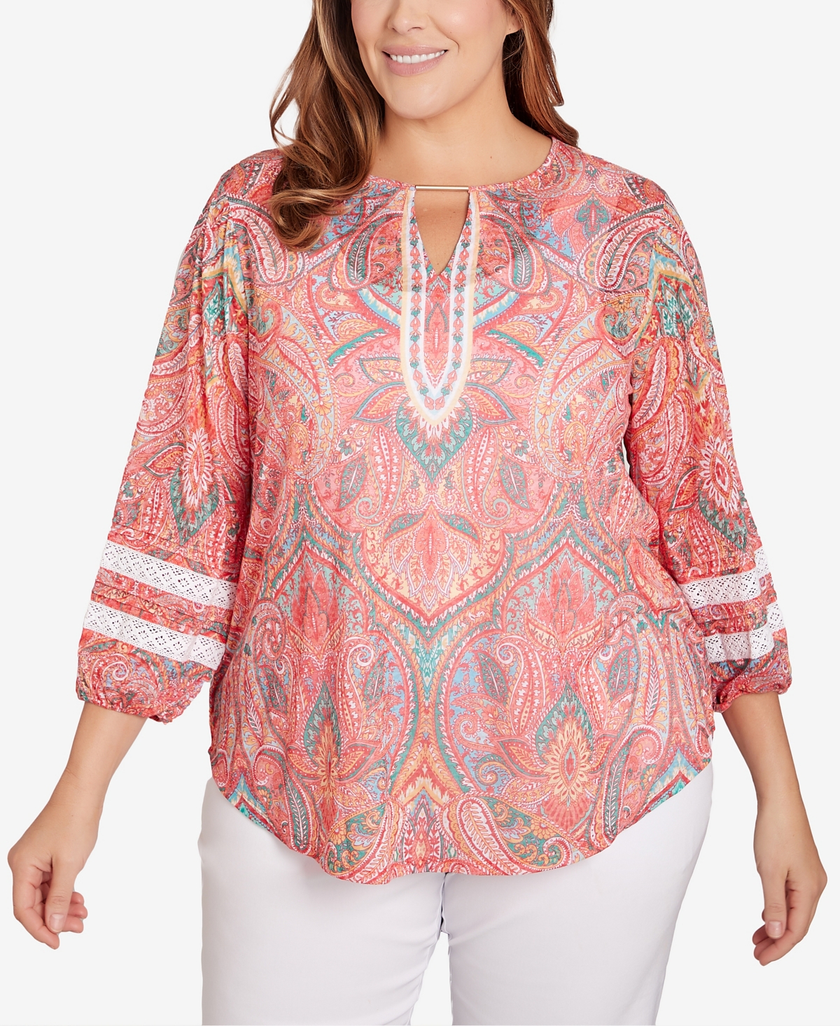 Ruby Rd. Plus Size Paisley Lace Knit Top In Pink