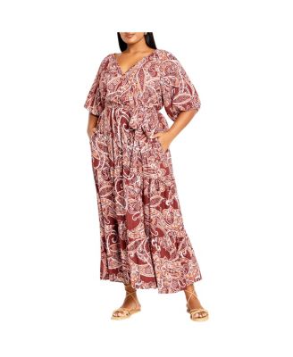 Chicyis Brown Paisley Maxi Dress - V-Neck & Zippered Waist Fit