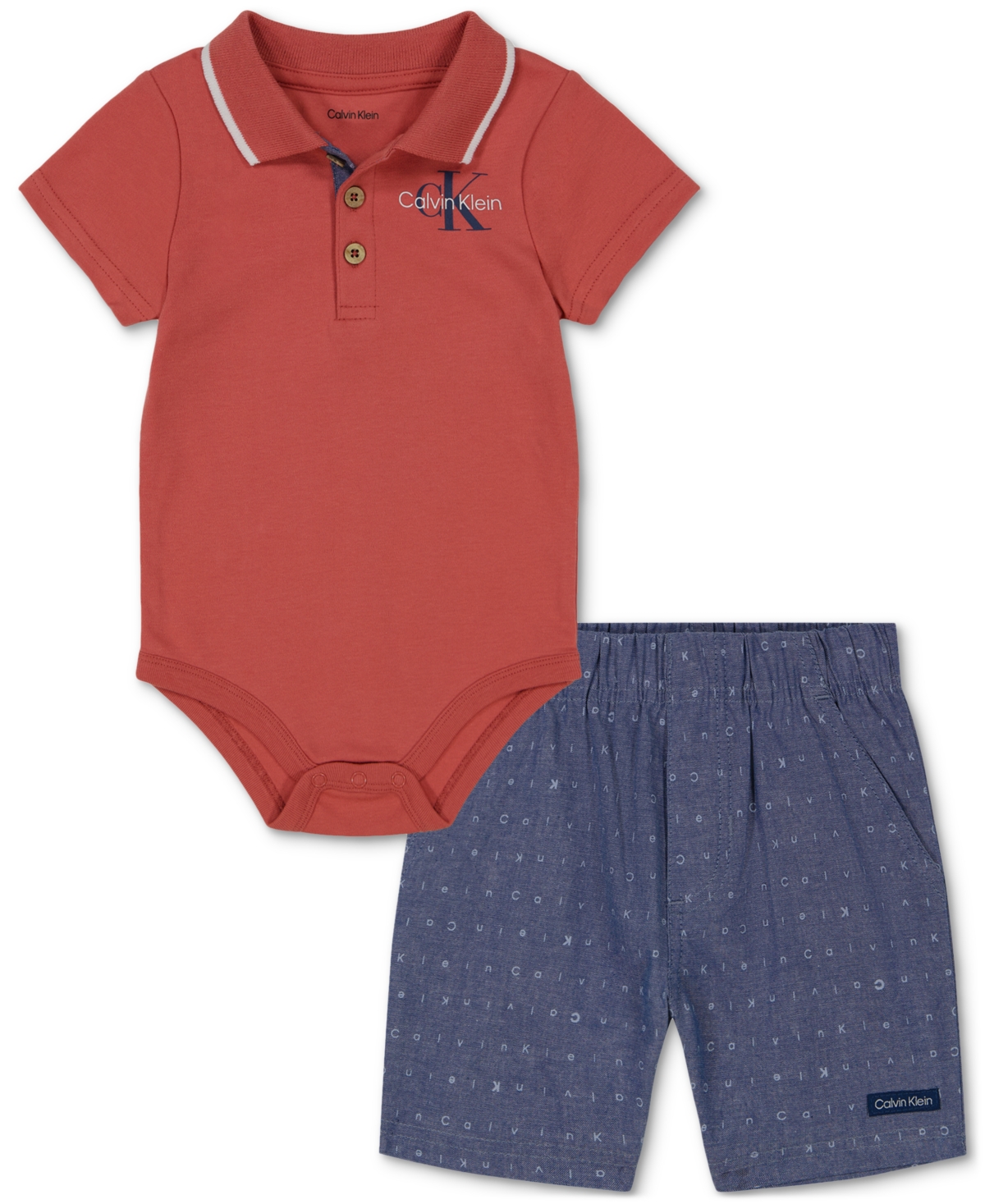 Shop Calvin Klein Baby Boys Tipped Polo Bodysuit & Printed Chambray Shorts, 2 Piece Set In Assorted