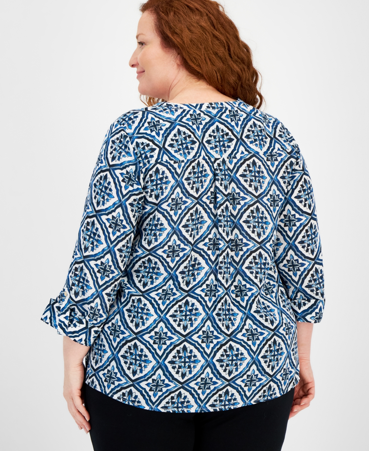 Jm Collection Plus Size Myra Medallion 3/4 Sleeve Top, Created for Macy's
