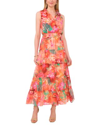 msk sleeveless tie neck tiered maxi dress