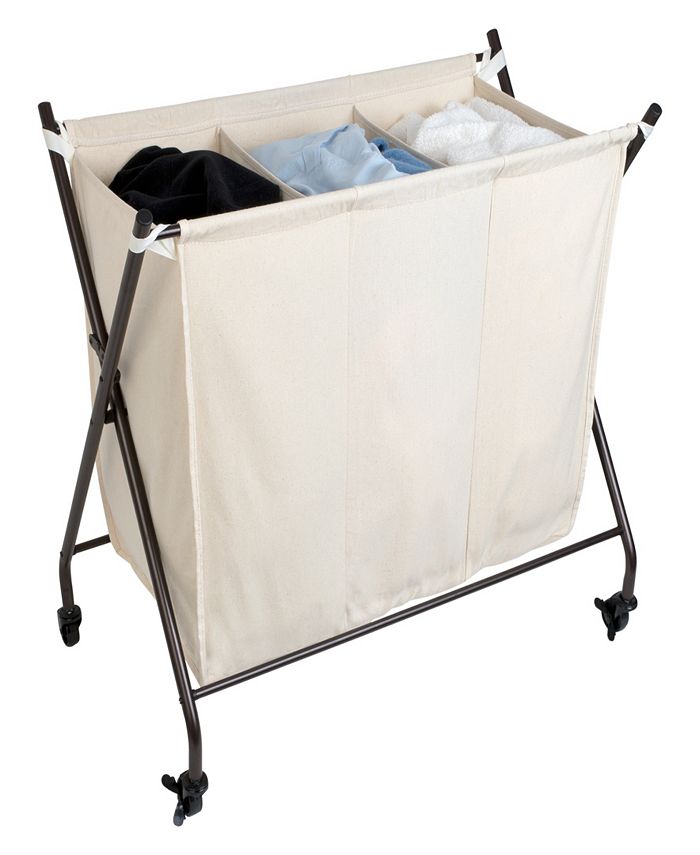 Smart Design Premium 3 Compartment Rolling Canvas Laundry Sorter Hamper