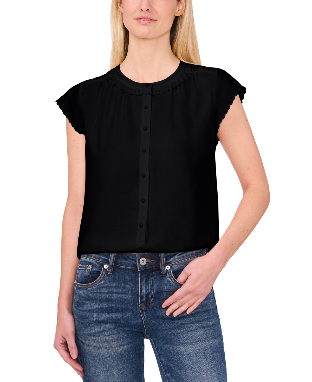 Shop Cece Women's Scalloped Cap Sleeve Blouse In Rich Black