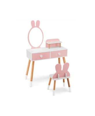 Kids Vanity Table and Chair Set with Drawer Shelf and Rabbit Mirror