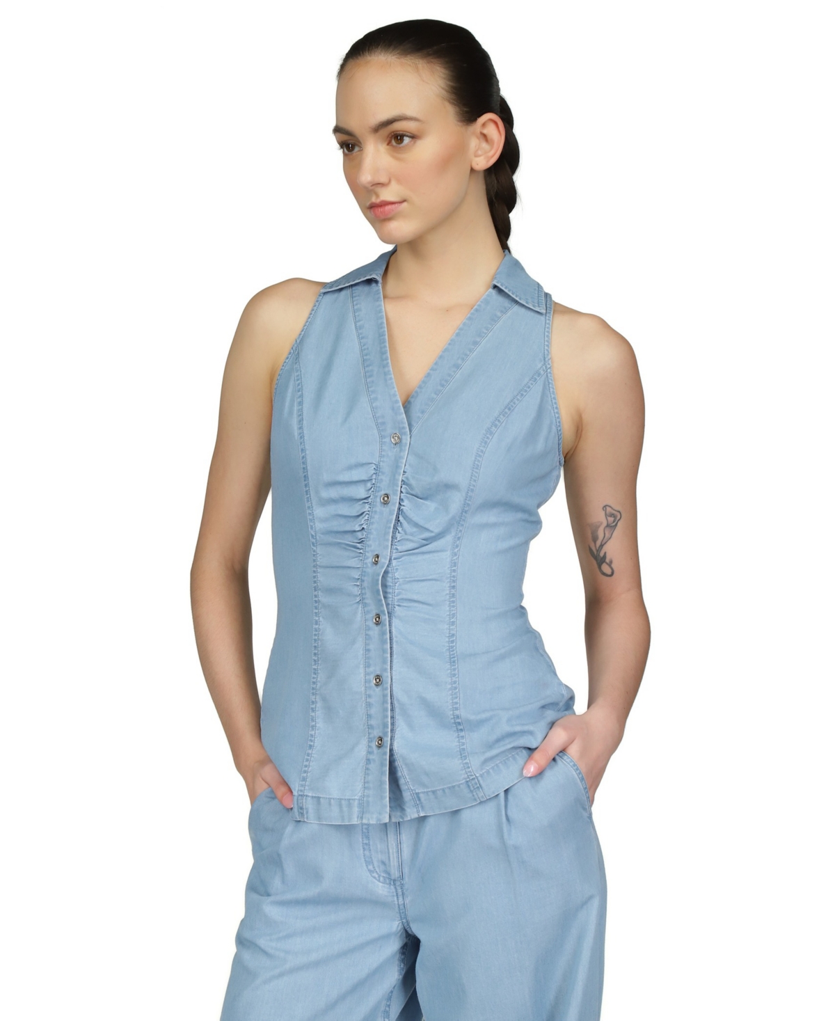 Shop Michael Kors Women's Sleeveless Button-front Collared Top In Skybluewas