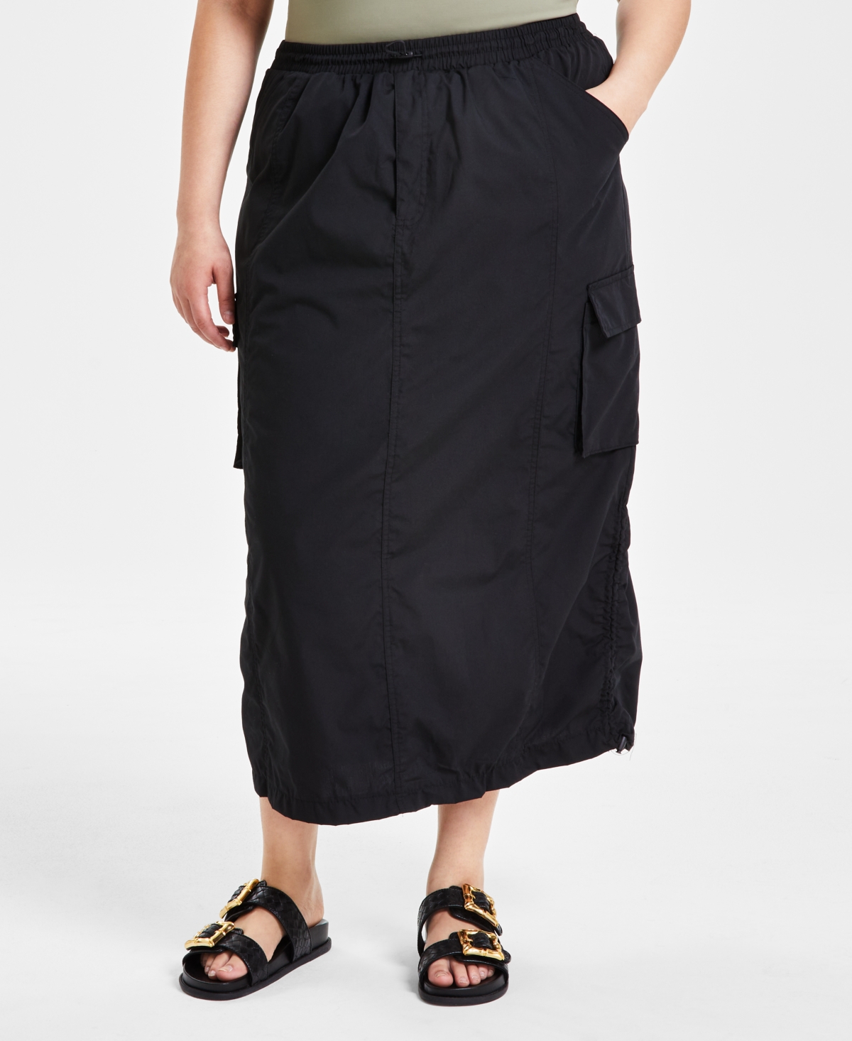 Shop Full Circle Trends Trendy Plus Size Utility Cargo Midi Skirt In Black