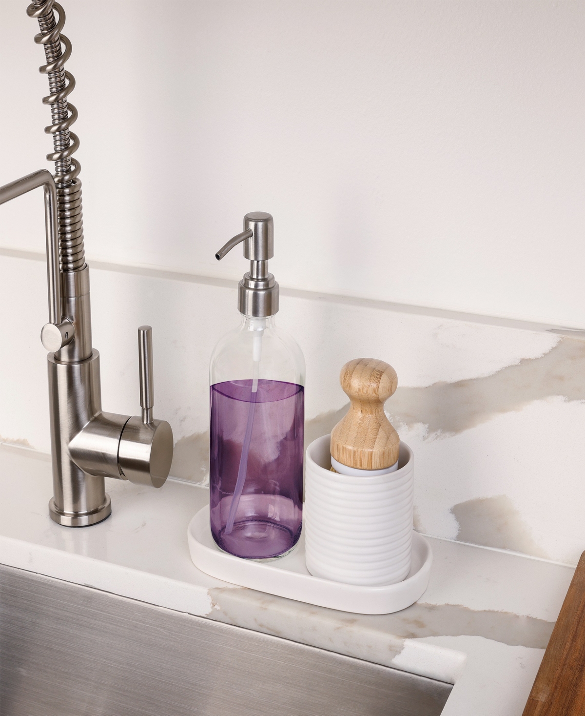 Smart Design Ceramic Soap Pump And Brush Set In White