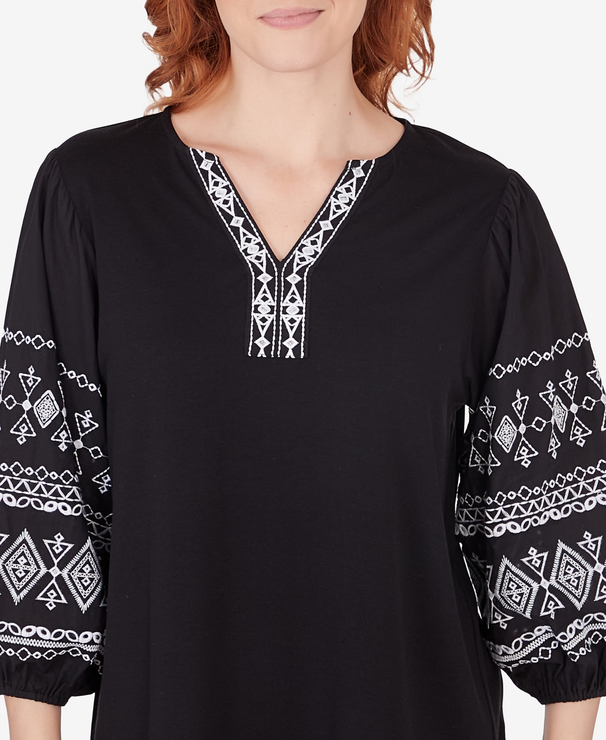 Shop Ruby Rd. Petite Split Neck Embroidered 3/4 Sleeve Knit Top In Black
