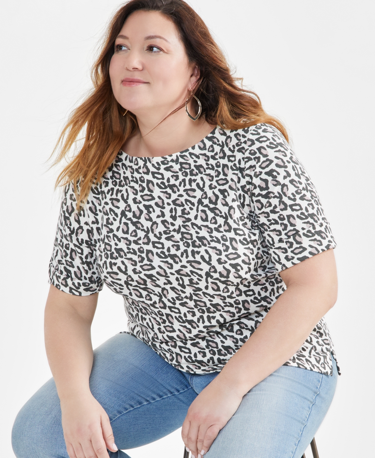 Plus Size Printed Elbow-Sleeve Top, Created for Macy's - Animal Natural