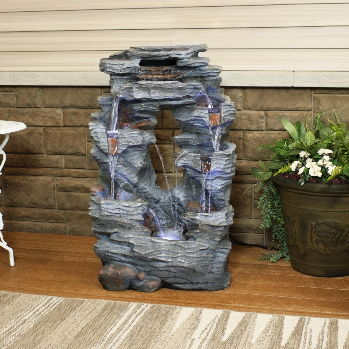 Sunnydaze Decor Dual Cascading Rock Waterfall Fountain with Led Lights -