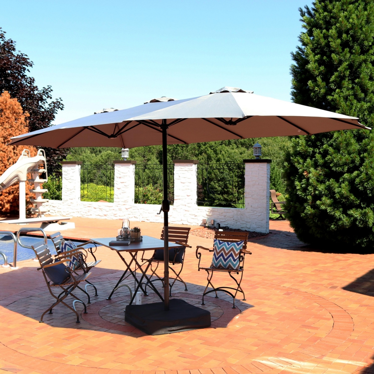 Sunnydaze Decor Steel Double-Sided Patio Umbrella with Sandbag Base - Gray