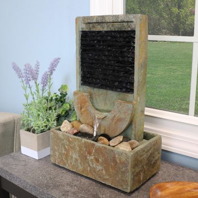 Indoor Home Office Contemporary Soothing Half Moon Stone Slate Cascading Tabletop Water Fountain - 16"