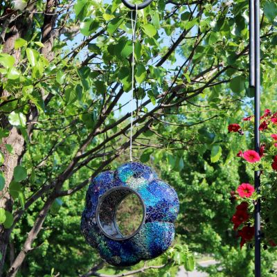 Outdoor Garden Patio Glass Round Flower Shaped Hanging Fly-Through Bird Feeder - 10" - Indigo