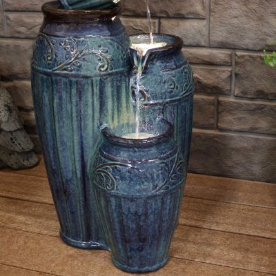 Tour de Vase Ceramic 27-Inch Outdoor Water Fountain - LED Lights - Electric Submersible Pump with Adjustable Flow