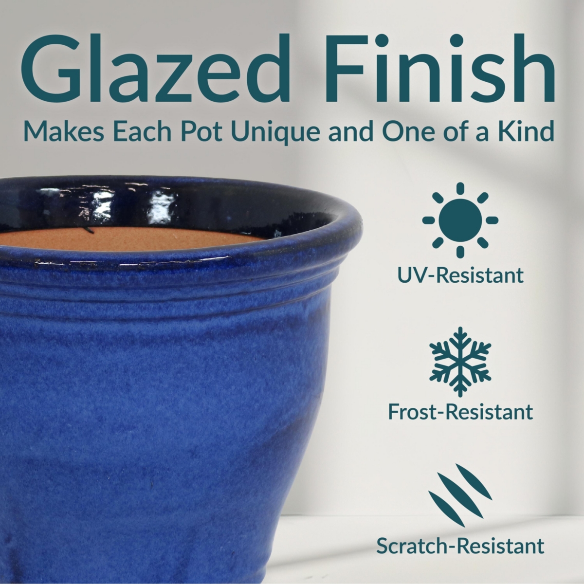 Large Ceramic Planter - Indoor or Outdoor Plant Pot with Drainage Holes - Imperial Blue Glaze Finish - 15