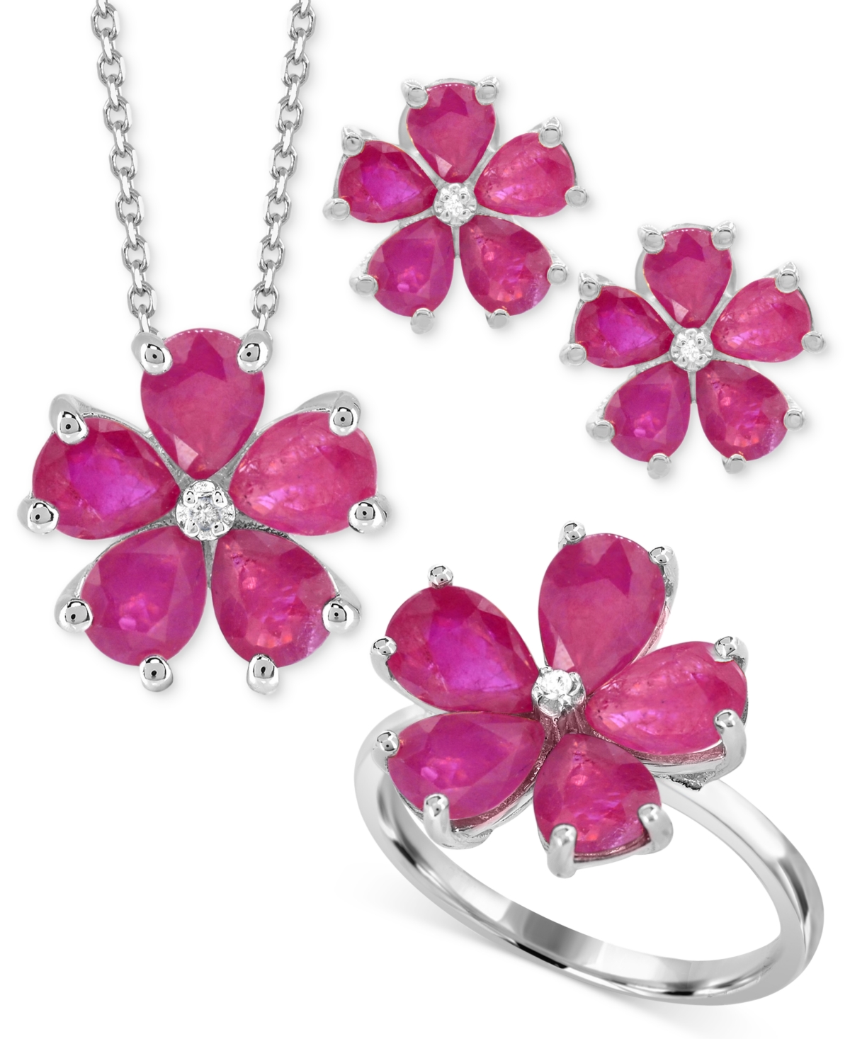 Macy's Lab-grown Ruby (3-3/4 Ct. T.w.) & Diamond Accent Flower Ring In Sterling Silver In Ruby