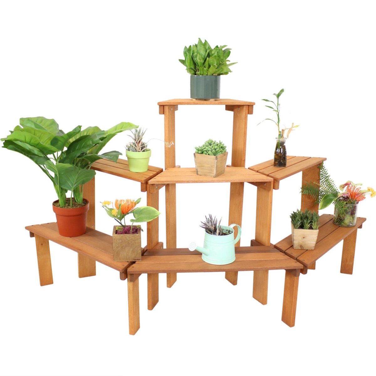 Sunnydaze Decor Meranti Wood/Teak Oil Finish 3-Tier Curved Plant Stand - 5.75