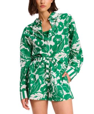 Shop Kate Spade Womens Printed Cotton Button Front Shirt Printed High Rise Cotton Drawstring Shorts In Forest Green