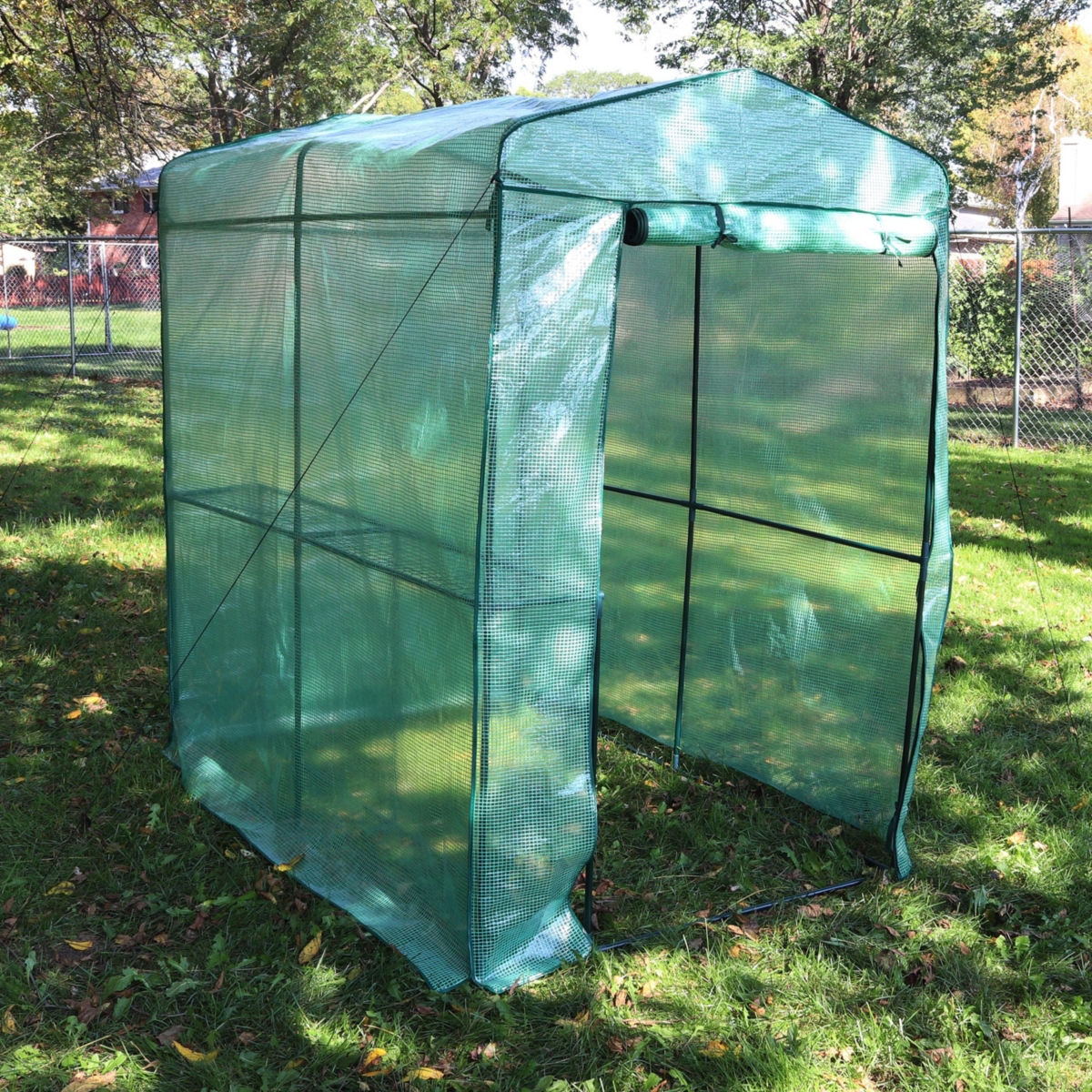Sunnydaze Decor Iron Pe Cover Walk-In Greenhouse with 1 Shelf -- Green