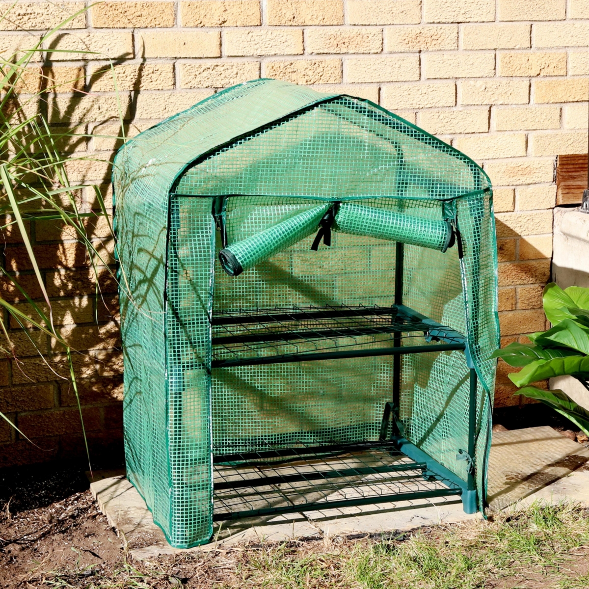 Sunnydaze Decor 2-Tier Iron Pvc Cover Mini Greenhouse and Roll-Up Zipper -- Green
