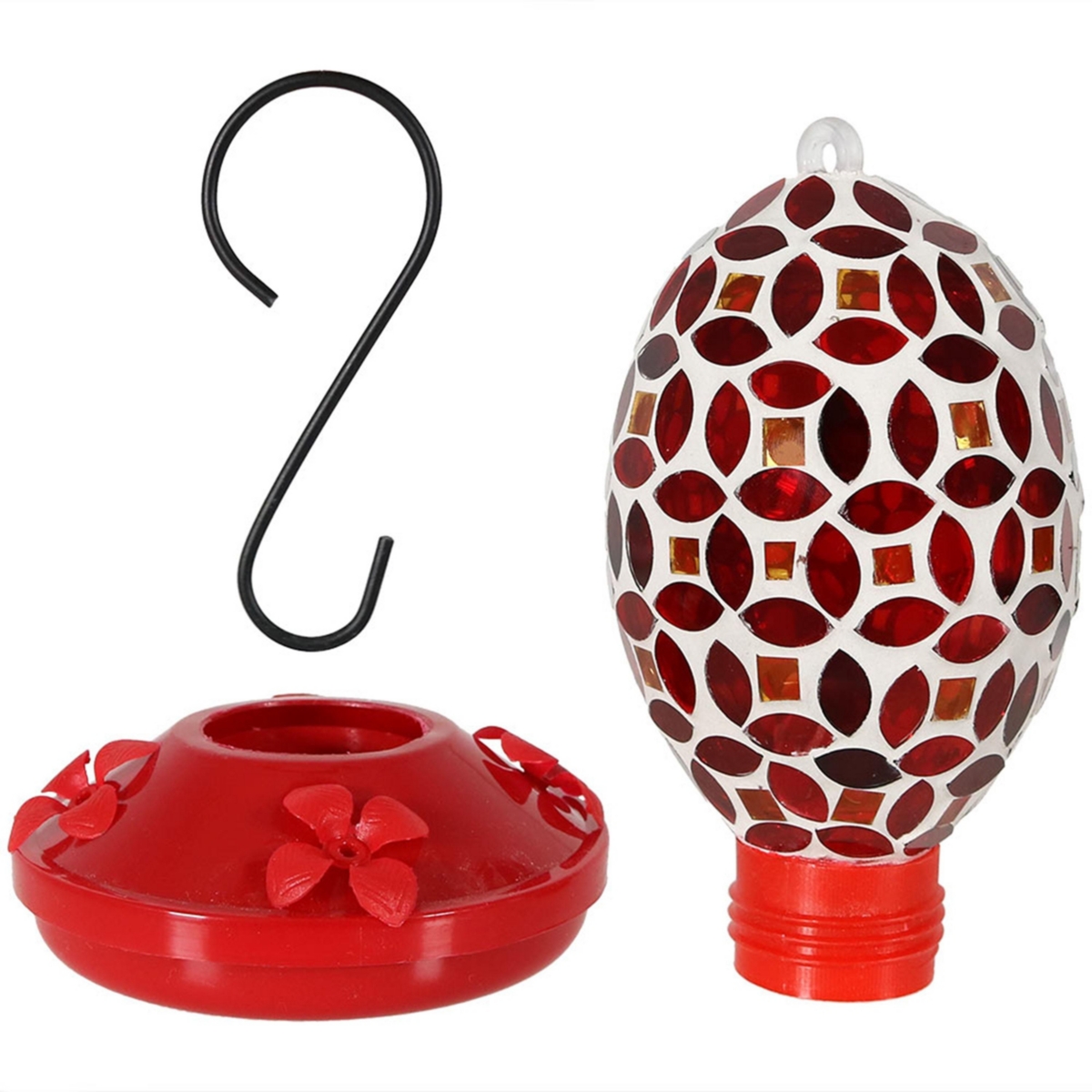 Sunnydaze Decor Glass Oval Mosaic Flower Outdoor Hummingbird Feeder - -- Red