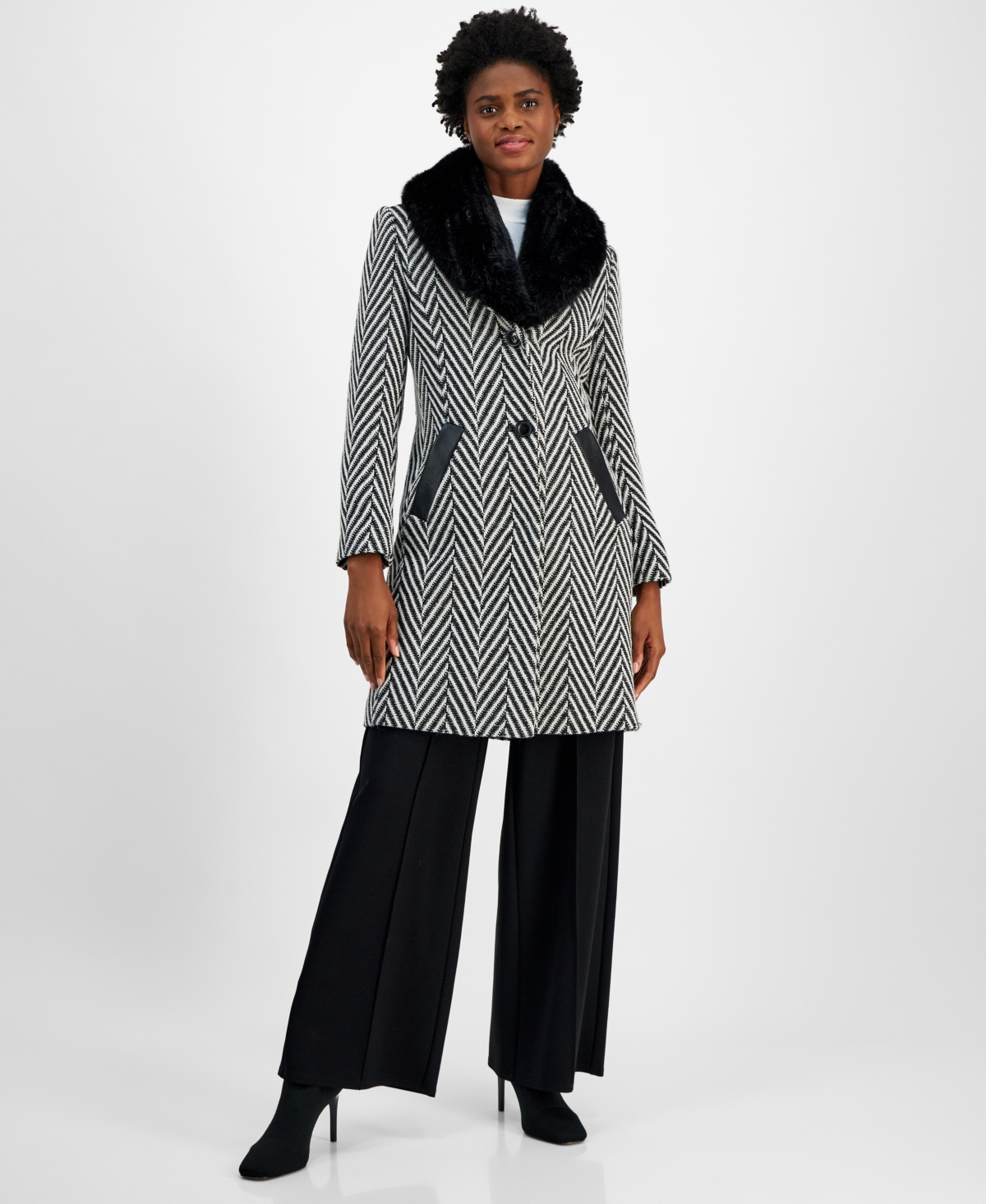 Women's Faux-Fur-Collar Chevron Coat - Jumbo Herringbone