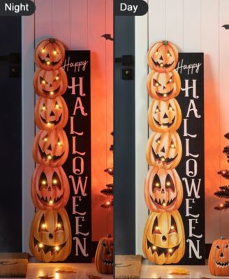 42"H Lighted Halloween Wooden Stacked Pumpkins Porch Sign with Timer