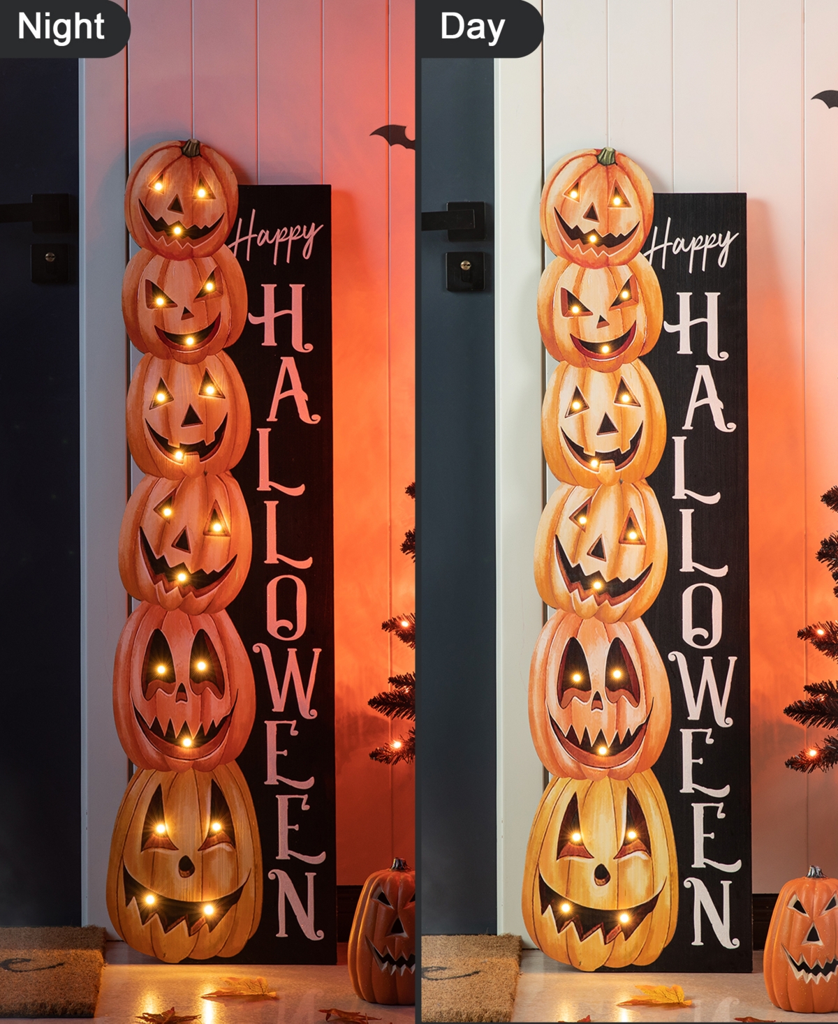 Glitzhome 42"h Lighted Halloween Wooden Stacked Pumpkins Porch Sign With Timer In Multi