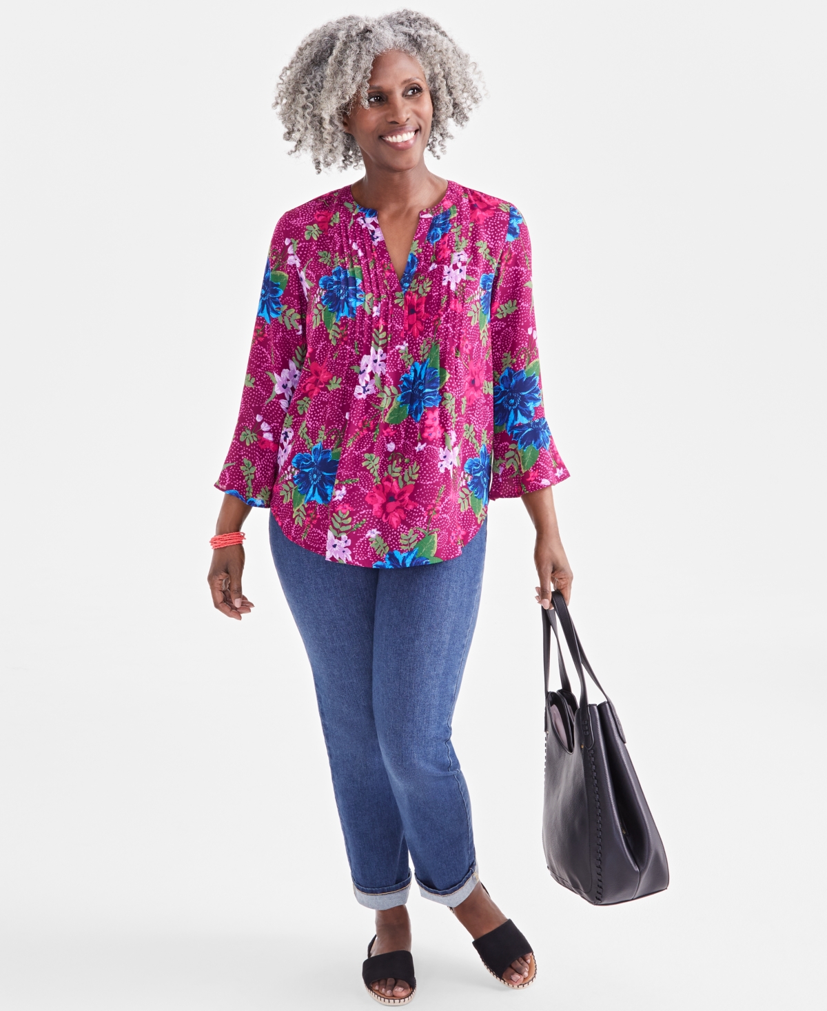 Style & Co Petite Floral-Print Pintucked Top, Created for Macy's